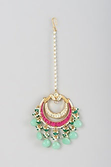 Gold Finish Pearl & Kundan Polki Beaded Maang Tikka