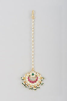 Gold Finish Kundan Polki & Pearl Beaded Maang Tikka