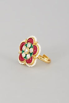 Gold Finish Kundan Polki & Pearl Ring