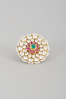 Gold Finish Kundan Polki & Pearl Ring