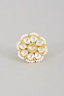 Gold Finish Kundan Polki & Pearl Ring