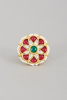 Gold Finish Kundan Polki & Pearl Ring