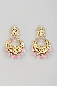Gold Finish Kundan Polki & Pink Beaded Chandbali Earrings