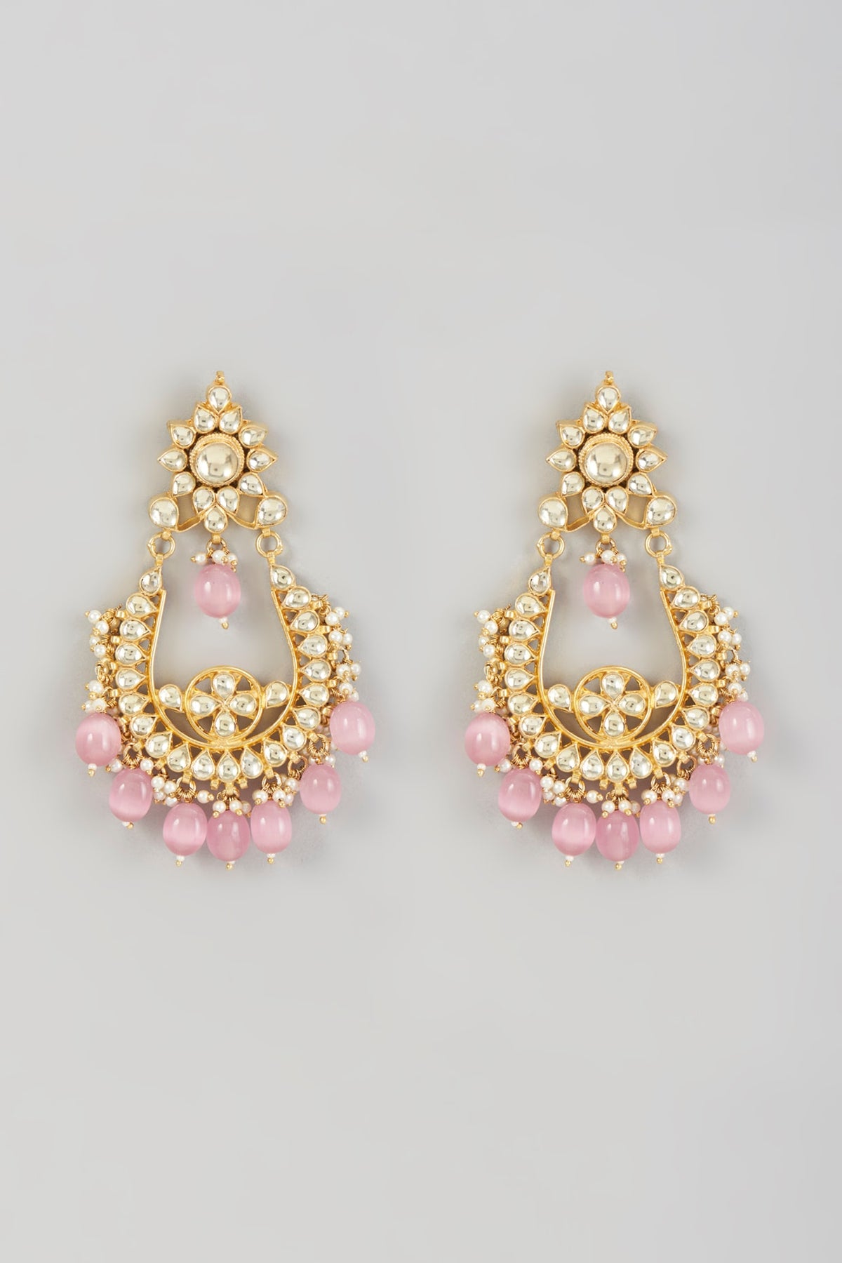 Gold Finish Kundan Polki & Pink Beaded Chandbali Earrings
