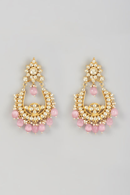 Gold Finish Kundan Polki & Pink Beaded Chandbali Earrings