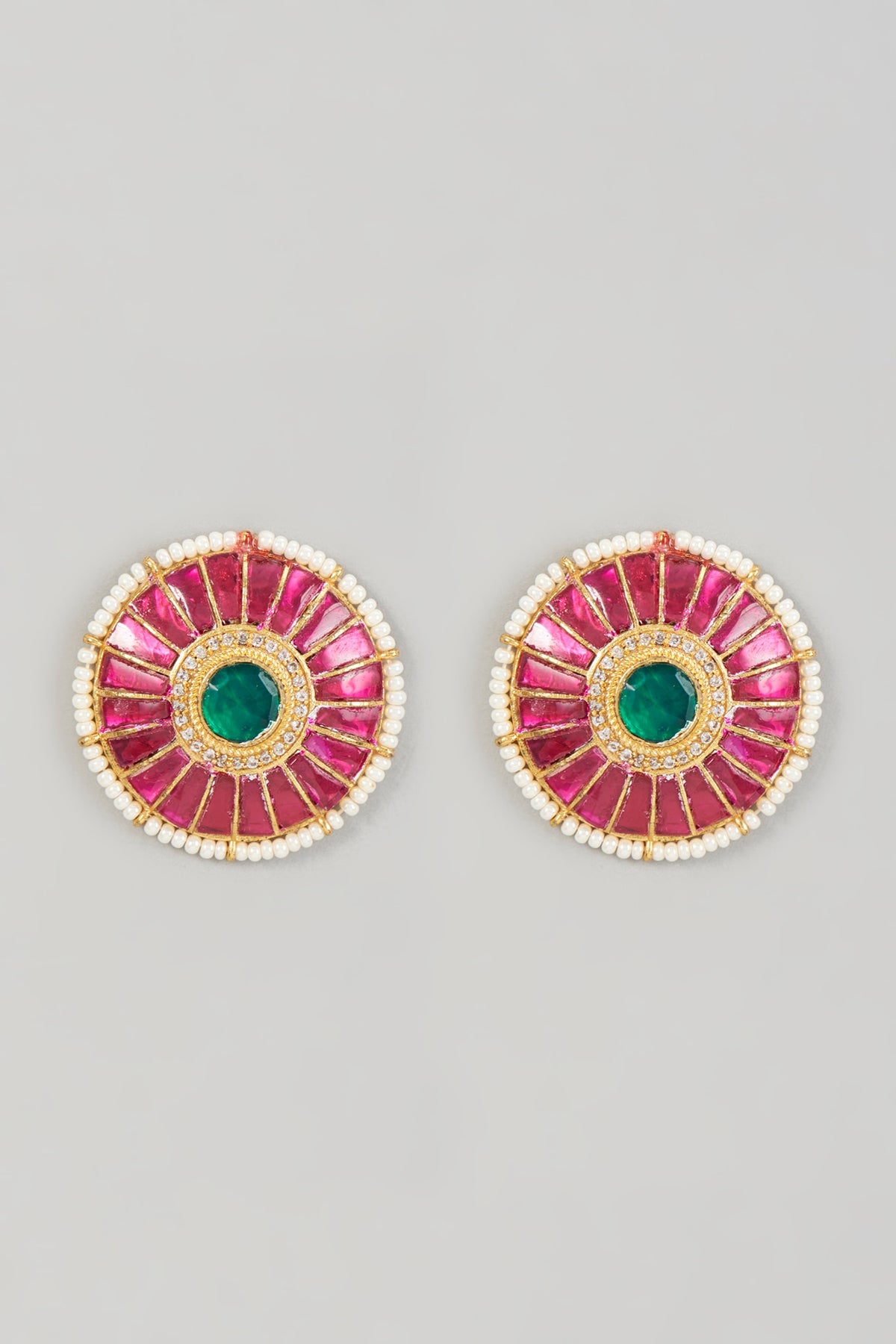 Gold Finish Kundan Polki & Pearl Enameled Stud Earrings