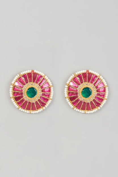 Gold Finish Kundan Polki & Pearl Enameled Stud Earrings