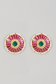 Gold Finish Kundan Polki & Pearl Enameled Stud Earrings