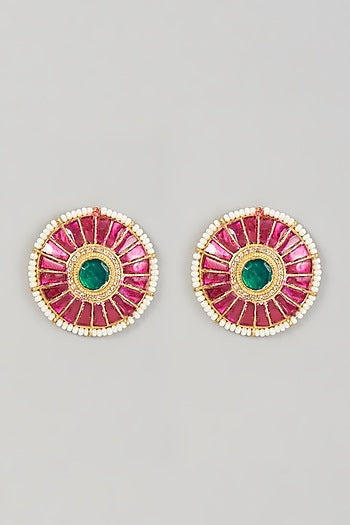 Gold Finish Kundan Polki & Pearl Enameled Stud Earrings