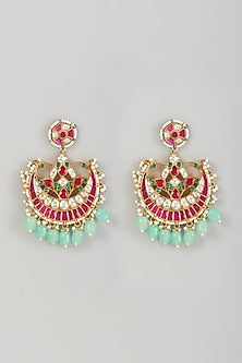 Gold Finish Kundan Polki & Green Beaded Chandbali Earrings