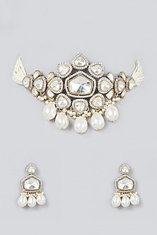 Two Tone Finish Pearl & Zircon Choker Necklace Set