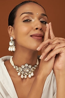 Two Tone Finish Pearl & Zircon Choker Necklace Set