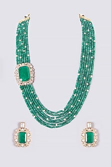 Gold Finish Kundan Polki & Green Beaded Long Necklace set