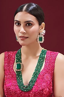 Gold Finish Kundan Polki & Green Beaded Long Necklace set
