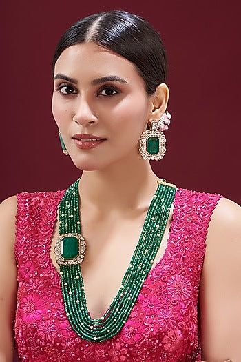 Gold Finish Kundan Polki & Green Beaded Long Necklace set