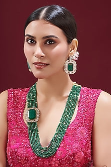 Gold Finish Kundan Polki & Green Beaded Long Necklace set