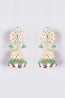 Gold Finish Kundan Polki & Multi-Colored Stone Jhumka Earrings