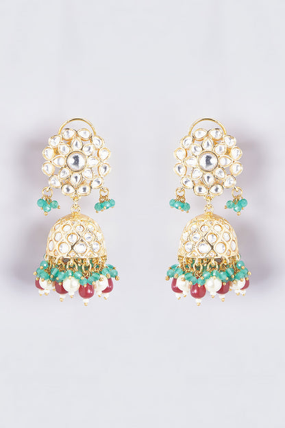Gold Finish Kundan Polki & Multi-Colored Stone Jhumka Earrings