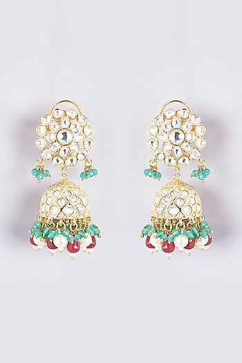 Gold Finish Kundan Polki & Multi-Colored Stone Jhumka Earrings
