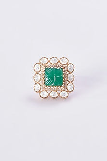 Gold Finish Kundan Polki & Green Stone Ring