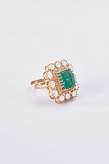 Gold Finish Kundan Polki & Green Stone Ring