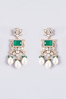 Gold Finish Kundan Polki & Green Stone Dangler Earrings