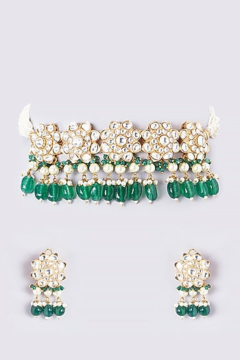 Gold Finish Kundan Polki & Green Beaded Choker Necklace Set