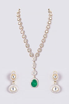 Gold Finish Kundan Polki & Emerald Long Necklace set