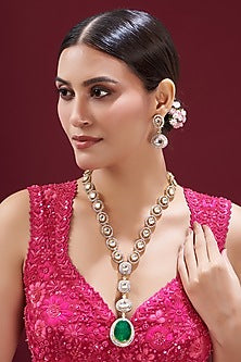 Gold Finish Kundan Polki & Emerald Long Necklace set