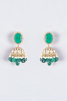 Gold Finish Kundan Polki & Green Stone Jhumka Earrings
