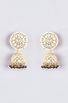 Gold Finish Kundan Polki & Green Stone Jhumka Earrings