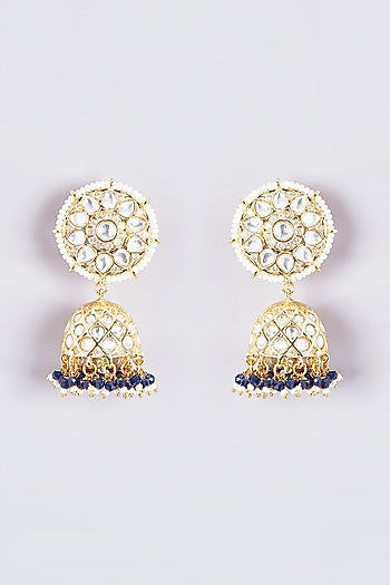 Gold Finish Kundan Polki & Green Stone Jhumka Earrings