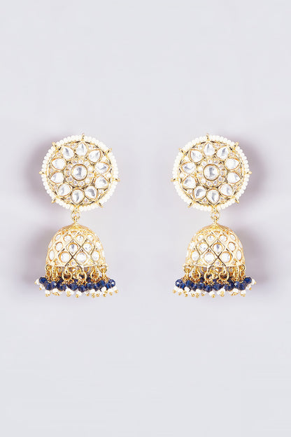 Gold Finish Kundan Polki & Green Stone Jhumka Earrings