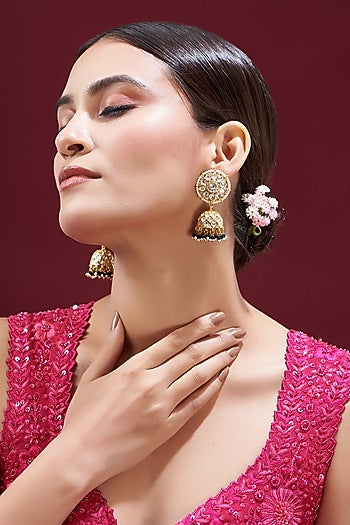Gold Finish Kundan Polki & Green Stone Jhumka Earrings