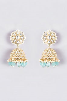 Gold Finish Kundan Polki & Light Blue Stone Jhumka Earrings