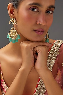 Gold Finish Kundan Polki & Turquoise Beaded Dangler Earrings