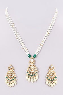 Gold Finish Kundan Polki & Green Stone Long Necklace Set