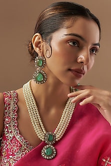 Gold Finish Kundan Polki & Emerald Stone Long Necklace Set