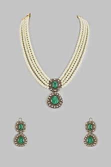 Gold Finish Kundan Polki & Emerald Stone Long Necklace Set