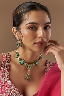 Gold Finish Kundan Polki & Emerald Stone Necklace Set