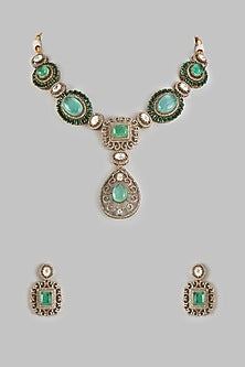 Gold Finish Kundan Polki & Emerald Stone Necklace Set