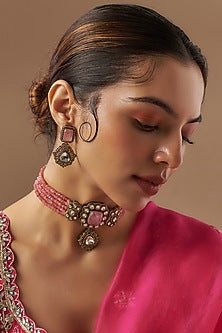 Gold Finish Kundan Polki & Ruby Stone Choker Necklace Set