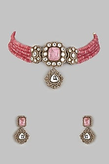 Gold Finish Kundan Polki & Ruby Stone Choker Necklace Set