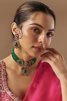 Gold Finish Kundan Polki & Emerald Stone Choker Necklace Set