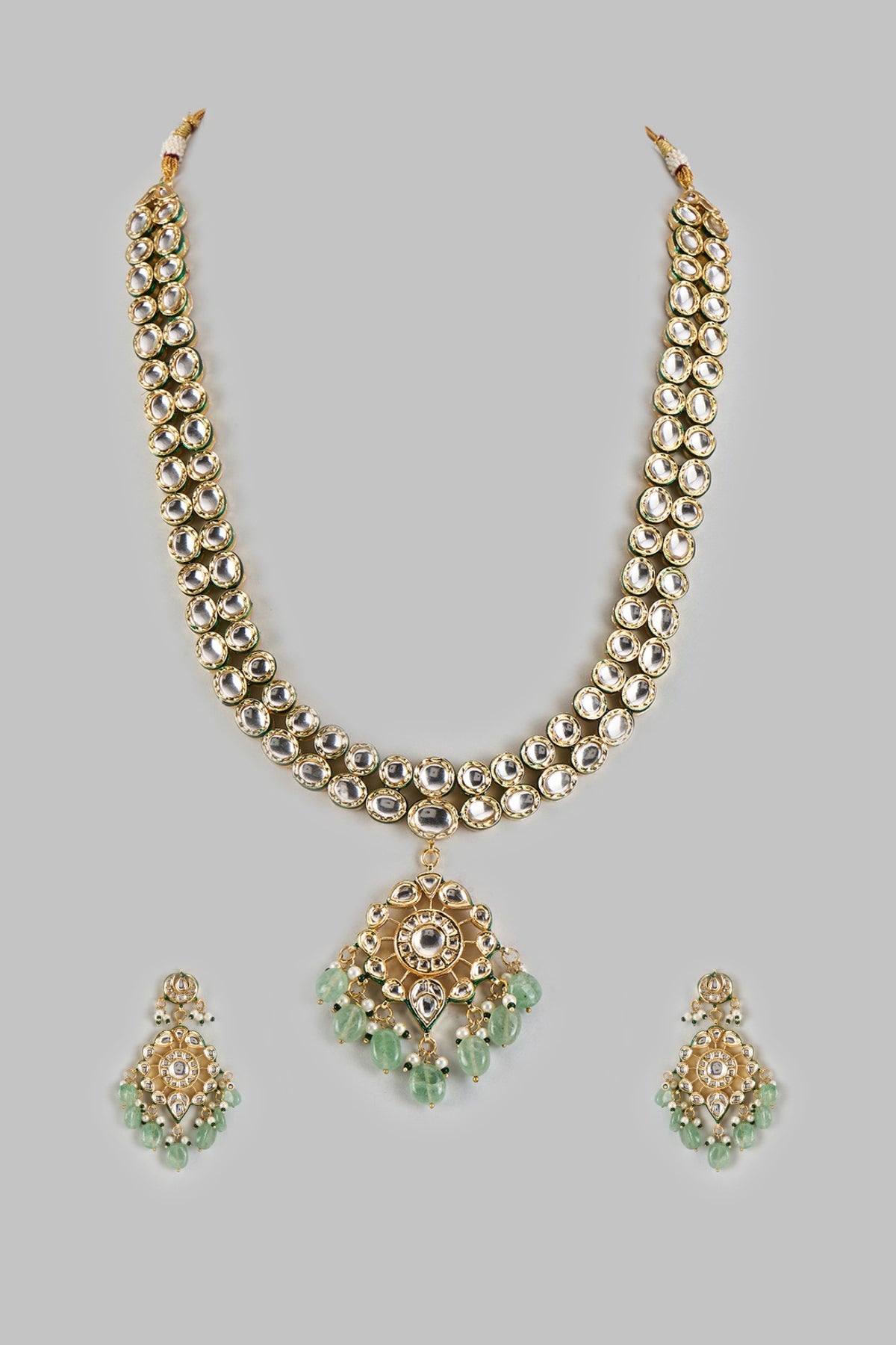 Gold Finish Kundan Polki & Emerald Stone Long Necklace Set