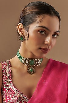 Gold Finish Kundan Polki & Emerald Stone Choker Necklace Set