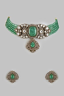 Gold Finish Kundan Polki & Emerald Stone Choker Necklace Set