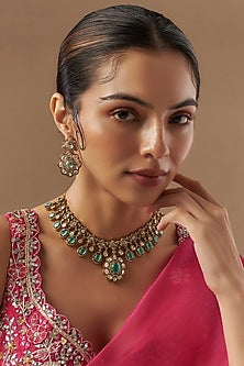 Gold Finish Kundan Polki & Emerald Stone Necklace Set