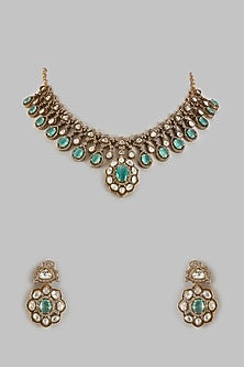 Gold Finish Kundan Polki & Emerald Stone Necklace Set