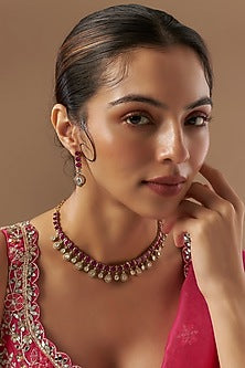 Gold Finish Kundan Polki & Ruby Stone Necklace Set